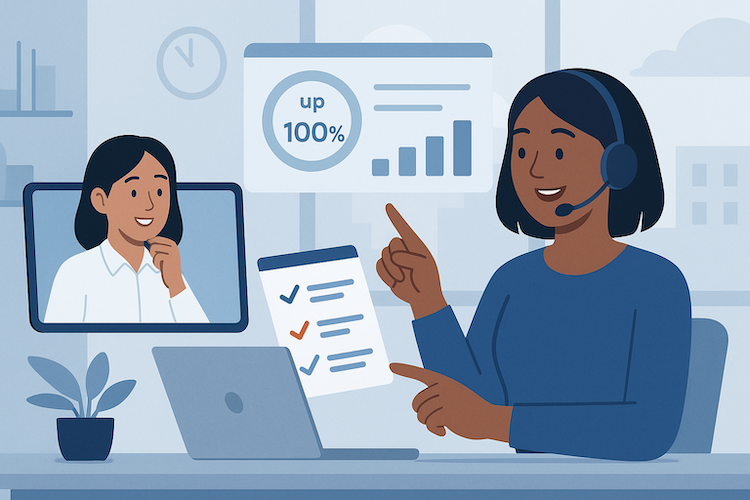 Web support partner shares performance insights during a call with a marketing manager in a clean, modern workspace.