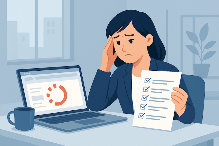 B2B marketing manager reviewing a website health checklist beside a lagging analytics dashboard in a modern office.